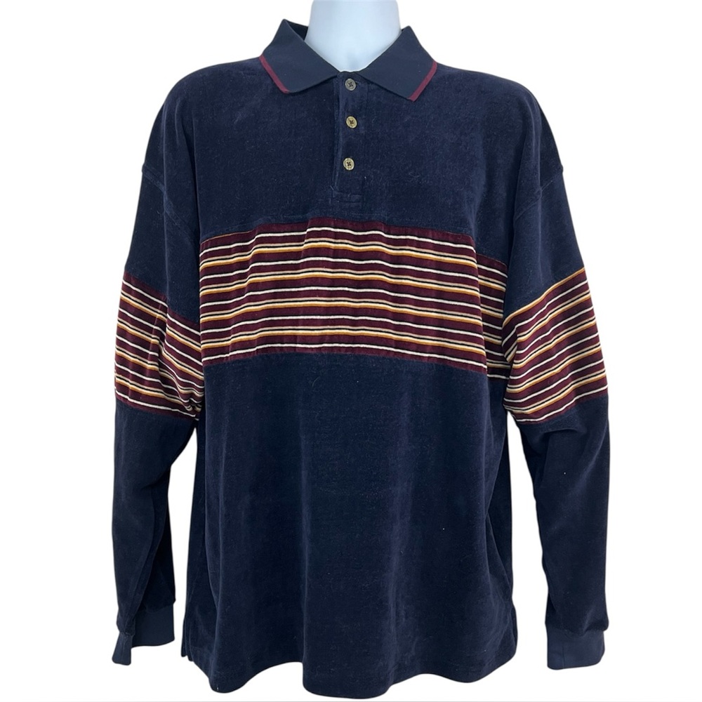 Vtg Velour Polo Shirt Men L Rugby Navy Maroon Stripes Velvet Retro Preppy Dad
